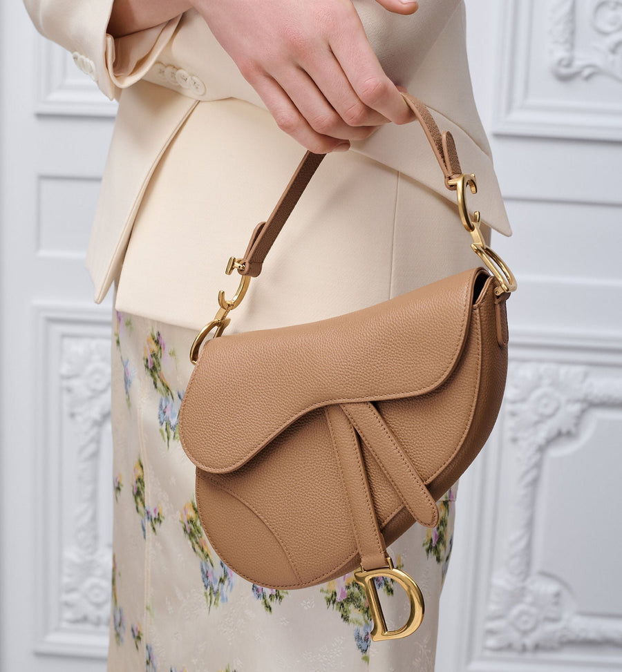 Small Saddle Luxury Handbag With Camel Grained Calfskin And Strap