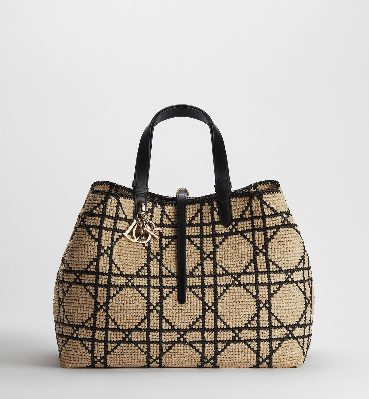 Large Toujours Luxury Handbag With Natural and Black Macrocannage Raffia and Black Calfskin