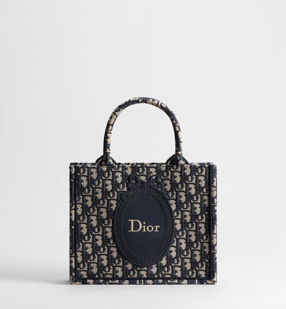 Small Book Designer Tote Bag with Blue Oblique Jacquard and Médaillon Signature