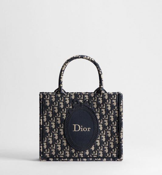 Small Book Designer Tote Bag with Blue Oblique Jacquard and Médaillon Signature