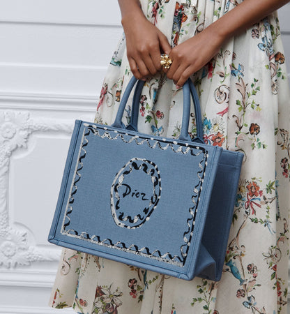Medium Book Designer Tote Bag With Blue-Greige Painted Ribbon And Shoulder Strap