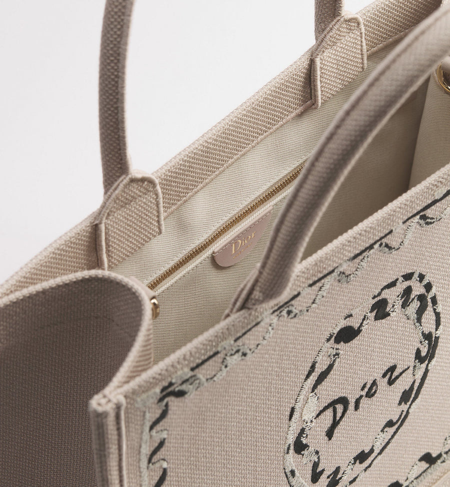 Medium Book Designer Tote Bag With Beige Painted Ribbon Embroidery And Shoulder Strap