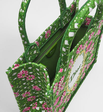 Small Book Designer Tote Bag With Multicolor Cannage Garden Embroidery And Strap