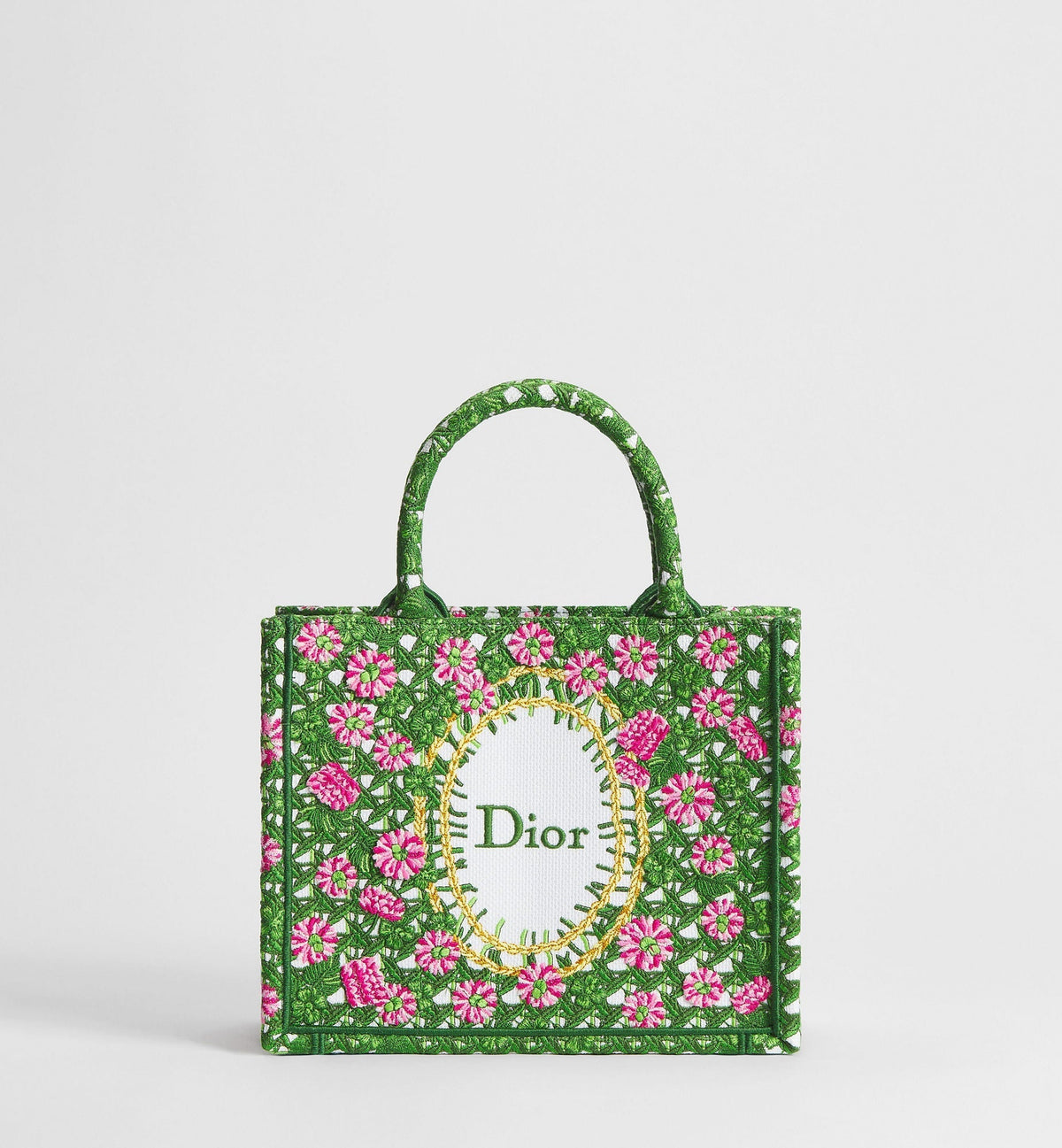 Small Book Designer Tote Bag With Multicolor Cannage Garden Embroidery And Strap