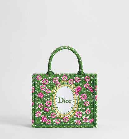 Small Book Designer Tote Bag With Multicolor Cannage Garden Embroidery And Strap