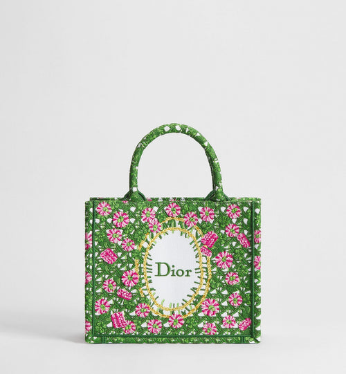Small Book Designer Tote Bag With Multicolor Cannage Garden Embroidery And Strap