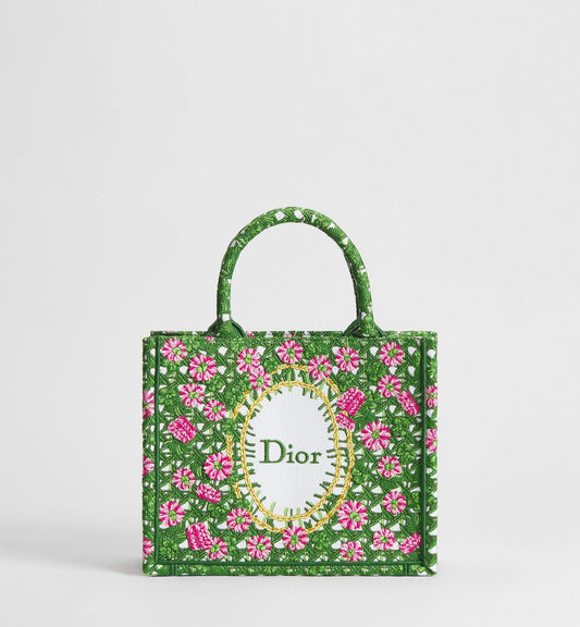 Small Book Designer Tote Bag With Multicolor Cannage Garden Embroidery And Strap