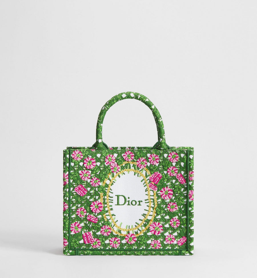 Small Book Designer Tote Bag With Multicolor Cannage Garden Embroidery And Strap