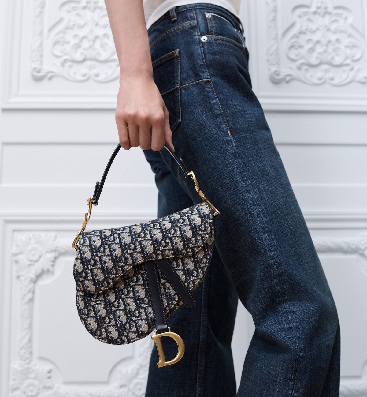 Small Saddle Luxury Handbag With Blue Oblique Jacquard And Strap