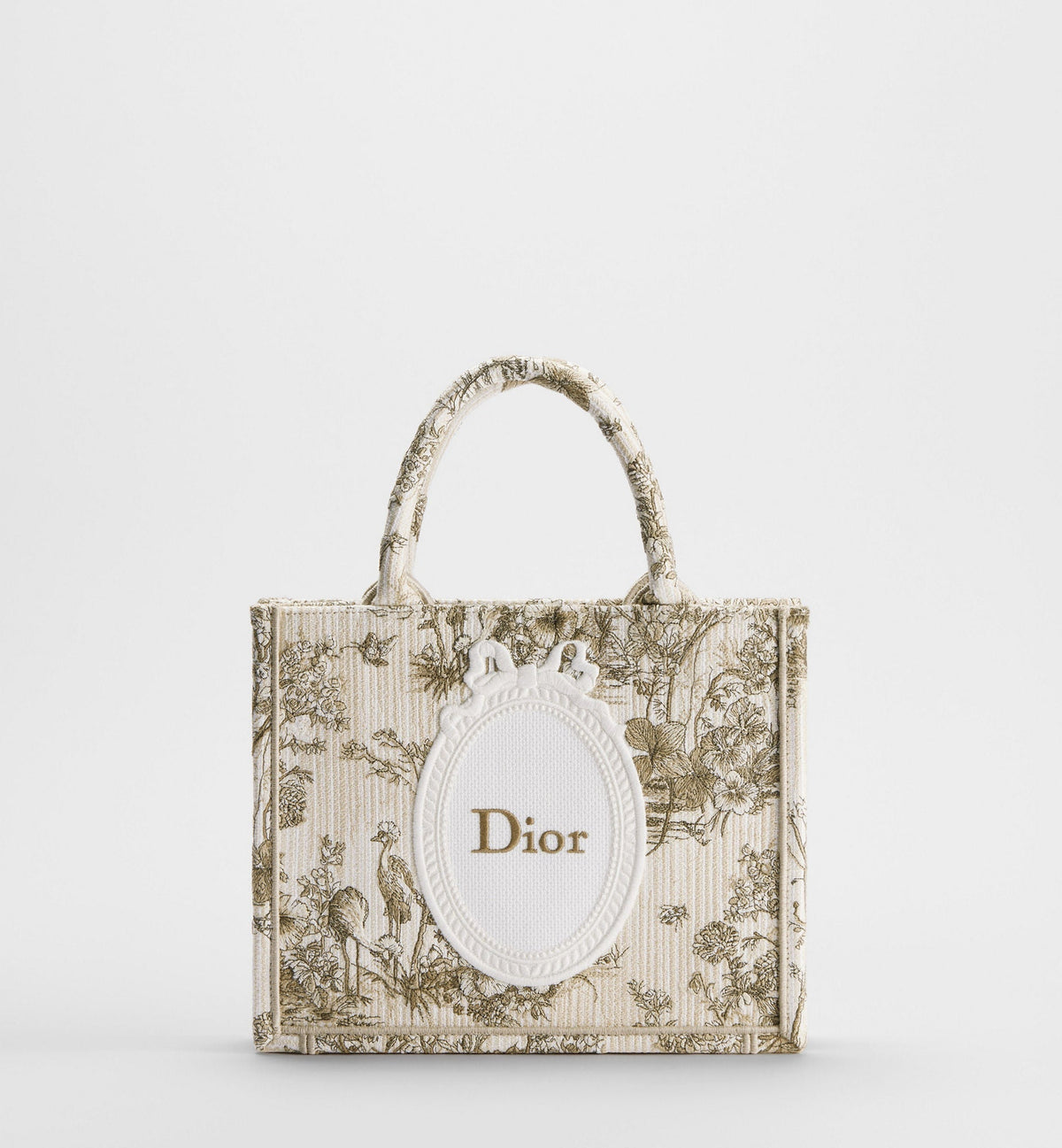 Small Book Designer Tote Bag With Beige Multicolor Toile De Jouy Floral Garden Embroidery And Strap