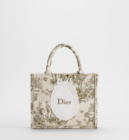 Small Book Designer Tote Bag With Beige Multicolor Toile De Jouy Floral Garden Embroidery And Strap