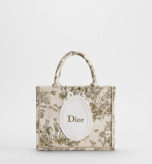 Small Book Designer Tote Bag With Beige Multicolor Toile De Jouy Floral Garden Embroidery And Strap