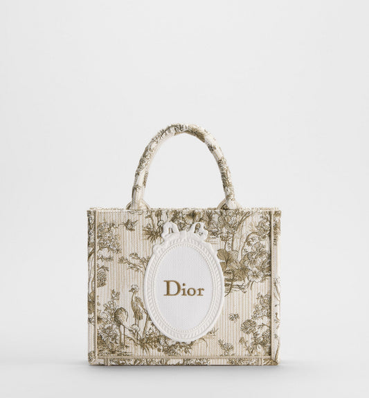 Small Book Designer Tote Bag With Beige Multicolor Toile De Jouy Floral Garden Embroidery And Strap