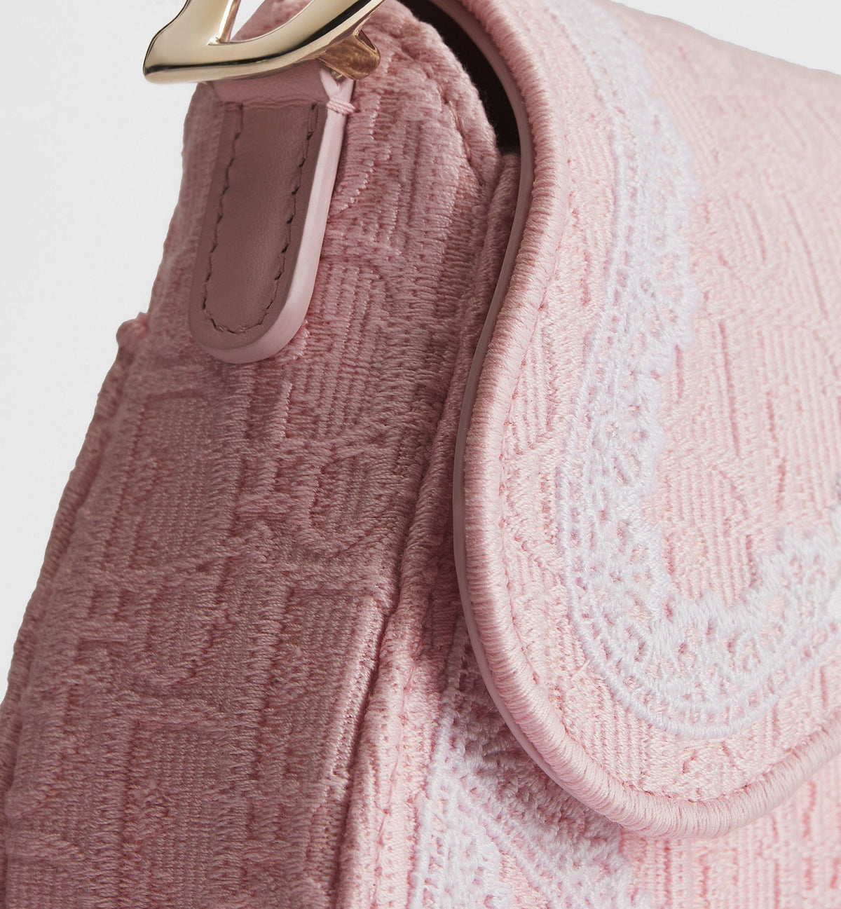Small Saddle Luxury Handbag With Soupir Pink Oblique Embroidery And White Lace And Strap