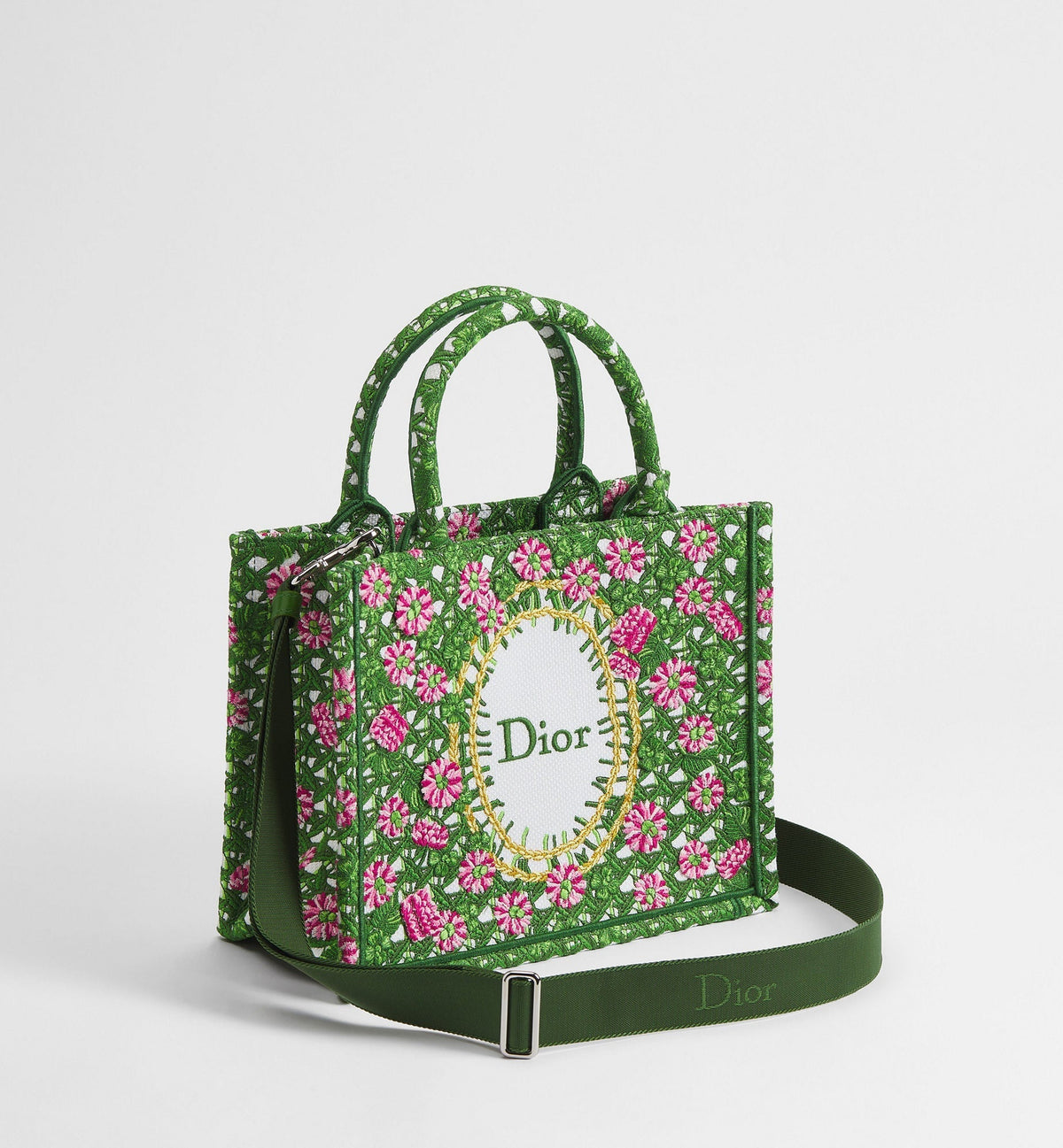 Small Book Designer Tote Bag With Multicolor Cannage Garden Embroidery And Strap