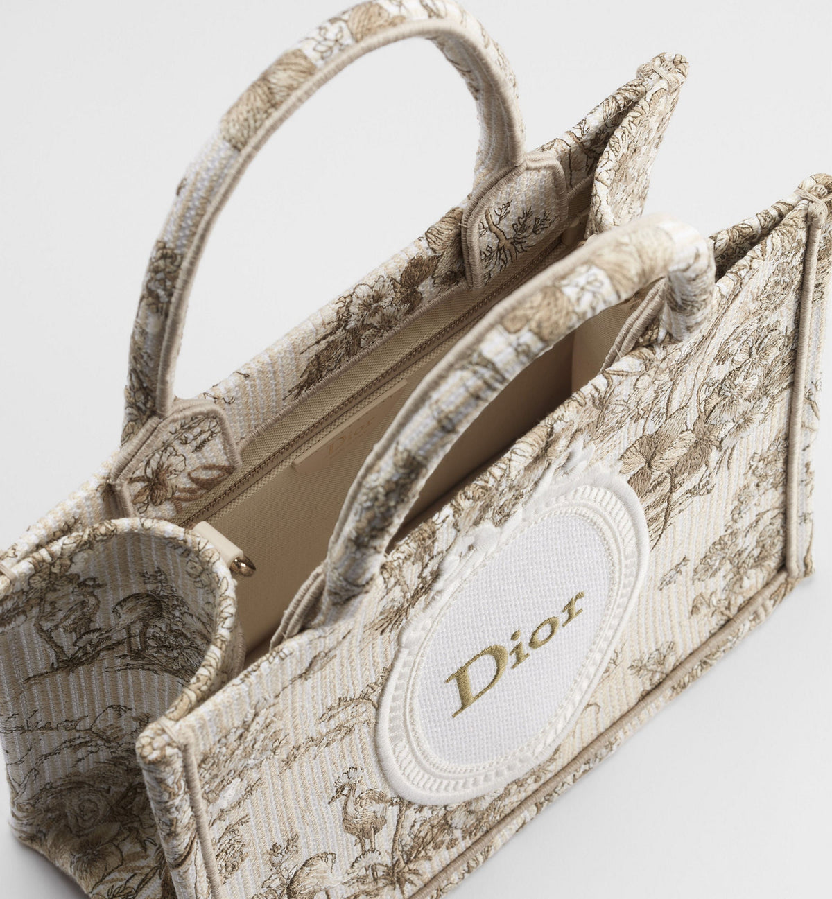 Small Book Designer Tote Bag With Beige Multicolor Toile De Jouy Floral Garden Embroidery And Strap