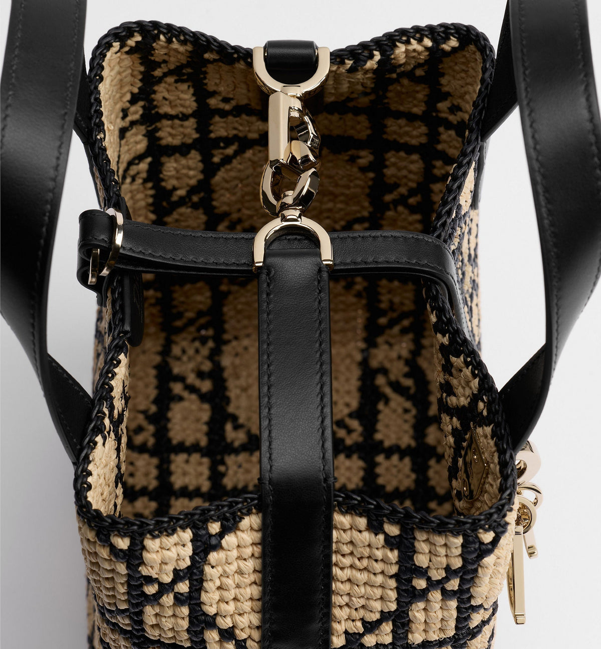 Small Toujours Designer Tote Bag With Macrocannage Raffia And Black Calfskin And Strap
