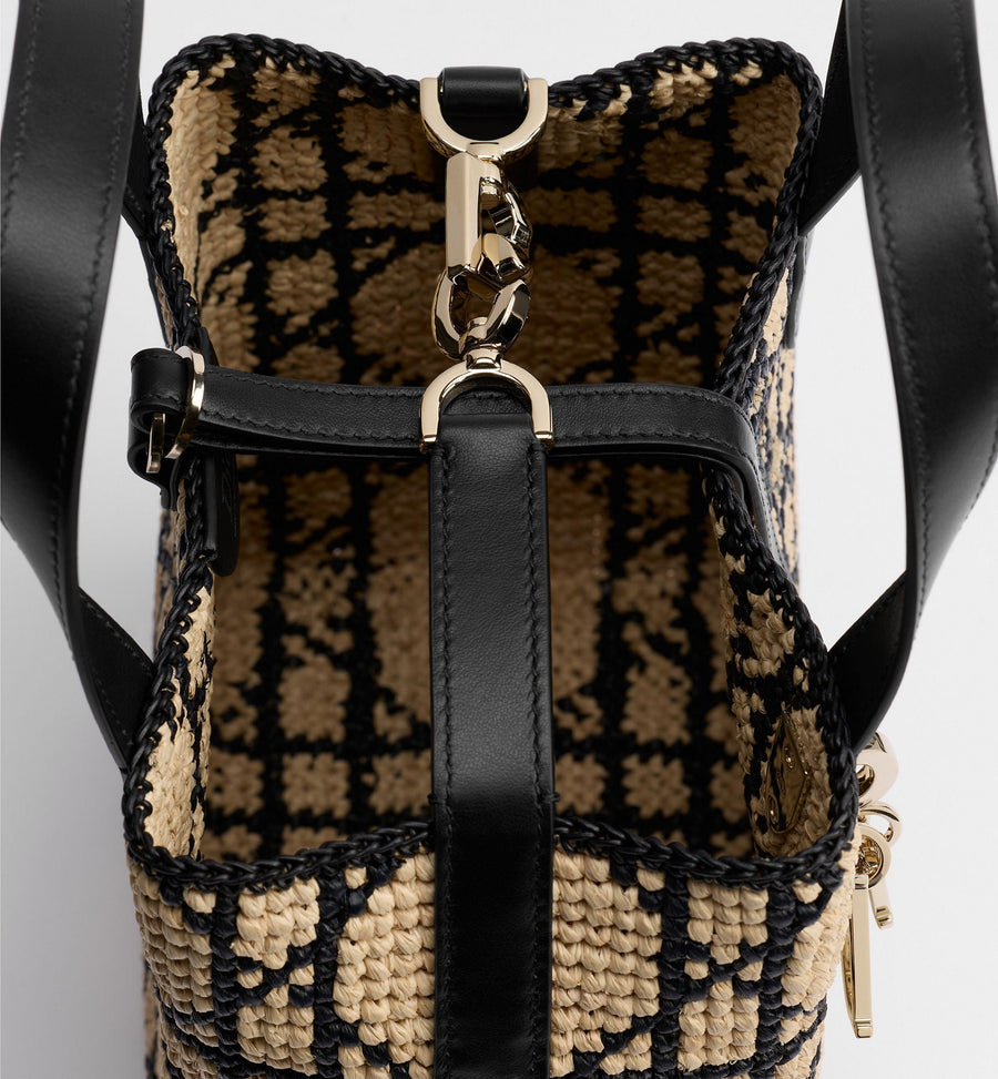 Small Toujours Designer Tote Bag With Macrocannage Raffia And Black Calfskin And Strap