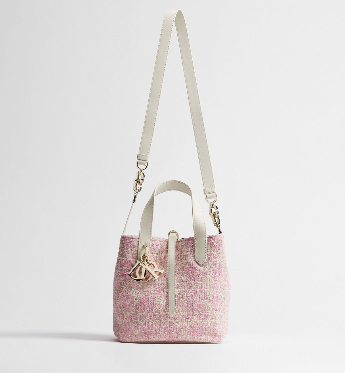 Small Toujours Vertical Designer Shoulder Tote With Pink Tweed And White Cannage Motif And Strap