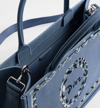 Medium Book Designer Tote Bag With Blue-Greige Painted Ribbon And Shoulder Strap