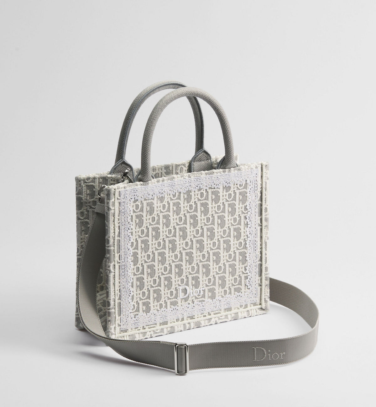 Small Book Designer Tote Bag With Strap In Latte And Gray Oblique Embroidery And White Lace