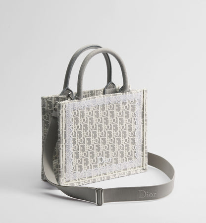 Small Book Designer Tote Bag With Strap In Latte And Gray Oblique Embroidery And White Lace