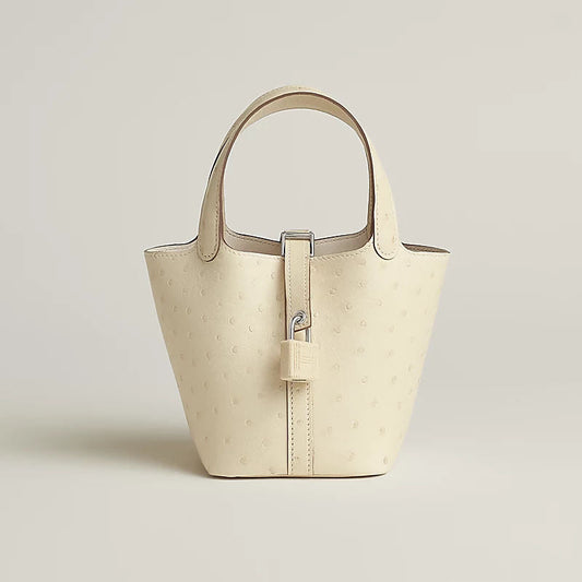 Picotin Lock Micro Luxury Handbag With Boreale Ostrich And Palladium Plated Lock Closure
