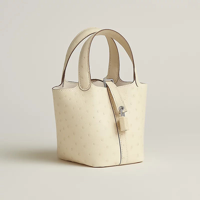 Picotin Lock Micro Luxury Handbag With Boreale Ostrich And Palladium Plated Lock Closure
