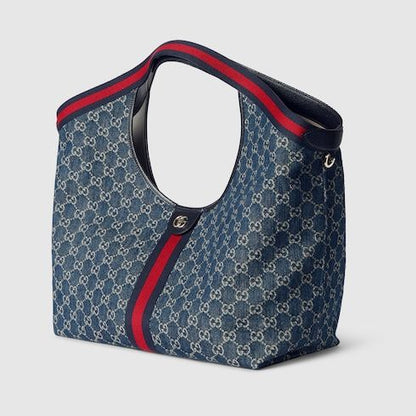 Large Designer Shoulder Tote With Web GG Denim Detachable Pouch