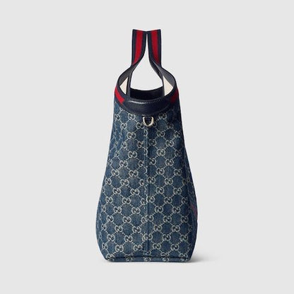 Large Designer Shoulder Tote With Web GG Denim Detachable Pouch
