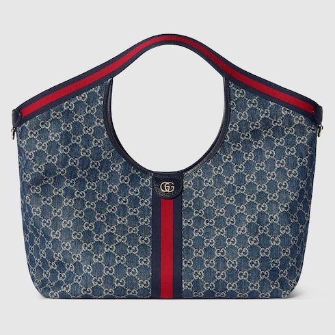 Large Designer Shoulder Tote With Web GG Denim Detachable Pouch