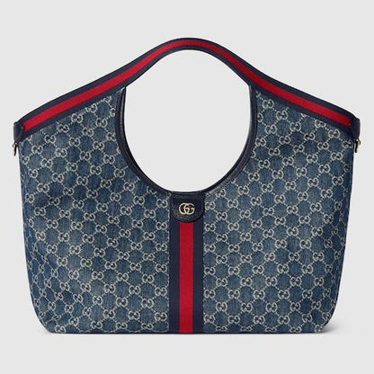 Large Designer Shoulder Tote With Web GG Denim Detachable Pouch