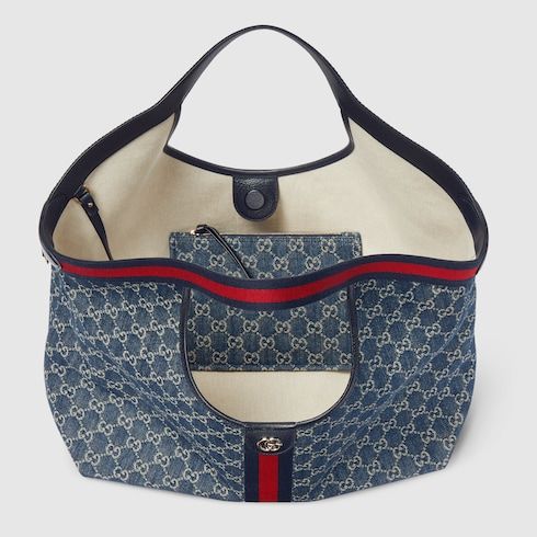 Large Designer Shoulder Tote With Web GG Denim Detachable Pouch