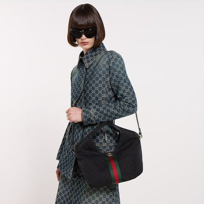 Giglio Small Designer Shoulder Tote With GG Canvas And Leather Trim