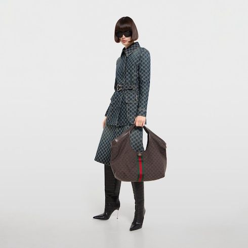 Large Designer Shoulder Tote With Canvas And Leather Trim