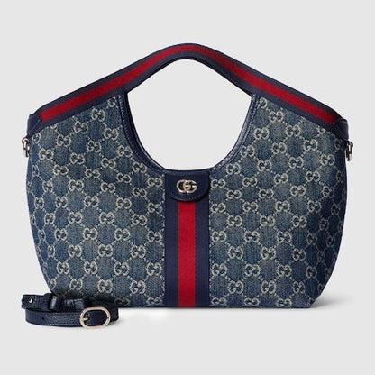 Small Designer Shoulder Tote With Web GG Denim Detachable Pouch