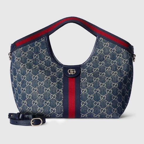 Small Designer Shoulder Tote With Web GG Denim Detachable Pouch