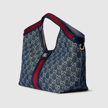 Small Designer Shoulder Tote With Web GG Denim Detachable Pouch