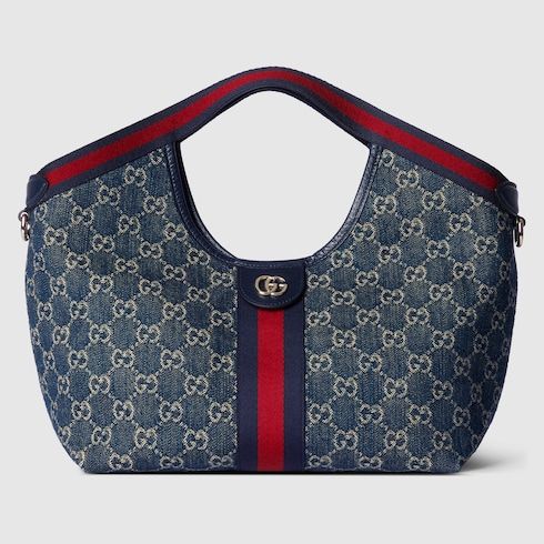 Small Designer Shoulder Tote With Web GG Denim Detachable Pouch