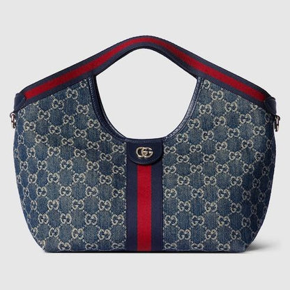 Small Designer Shoulder Tote With Web GG Denim Detachable Pouch