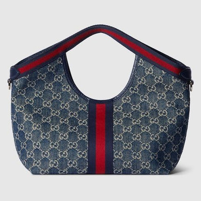 Small Designer Shoulder Tote With Web GG Denim Detachable Pouch