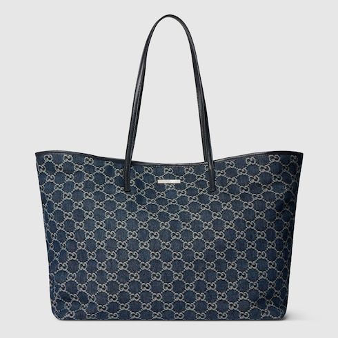 Large Designer Shoulder Tote With GG Denim And Logo Plaque