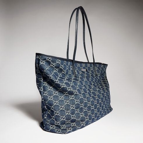 Large Designer Shoulder Tote With GG Denim And Logo Plaque