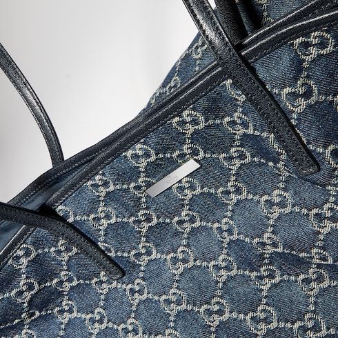 Large Designer Shoulder Tote With GG Denim And Logo Plaque