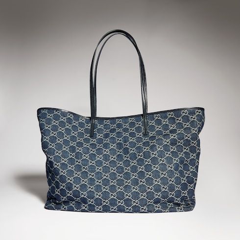 Large Designer Shoulder Tote With GG Denim And Logo Plaque