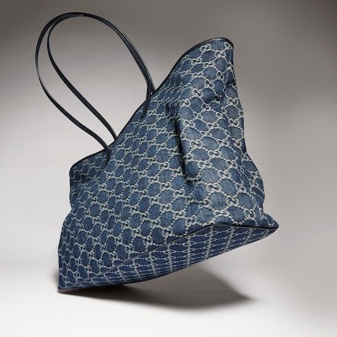 Large Designer Shoulder Tote With GG Denim And Logo Plaque