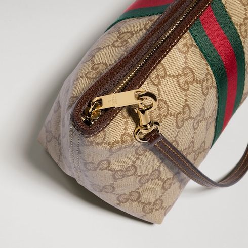 Small Designer Pouch With Strap And Web GG Coated Canvas