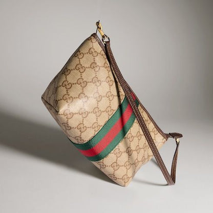 Small Designer Pouch With Strap And Web GG Coated Canvas