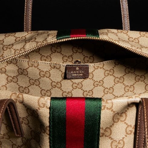 Medium Boston Luxury Handbag With Web GG Coated Canvas