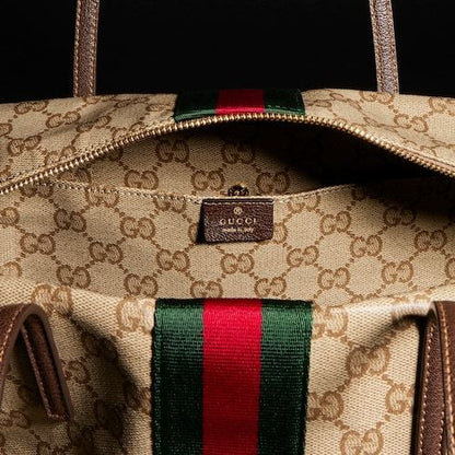 Medium Boston Luxury Handbag With Web GG Coated Canvas